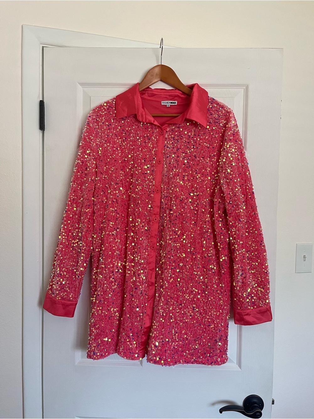 Fashion Nova • Pink Sequin Button-Front Blouse